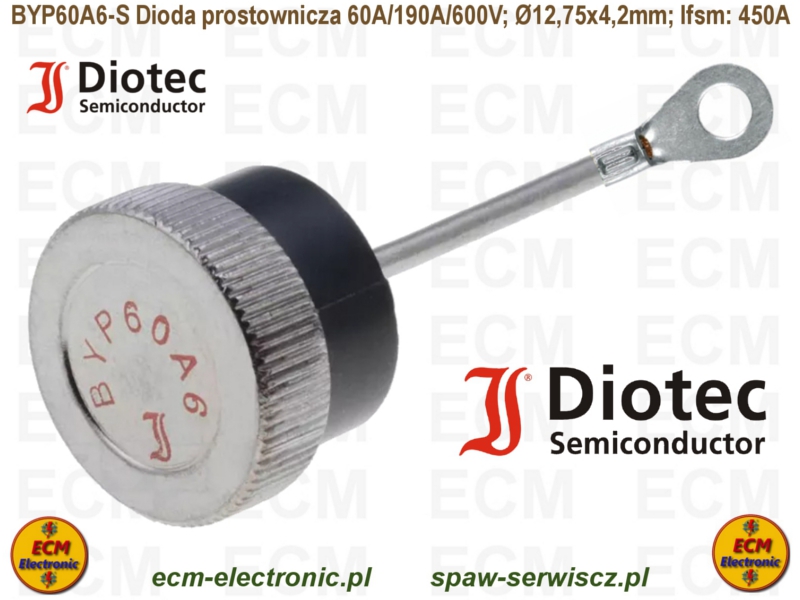 BYP60A6-S Dioda prostownicza 60A/190A/600V; Ø12,75x4,2mm