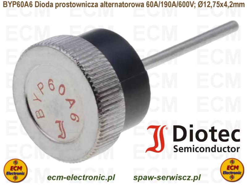 BYP60A6 Dioda prostownicza 60A/190A/600V; Ø12,75x4,2mm