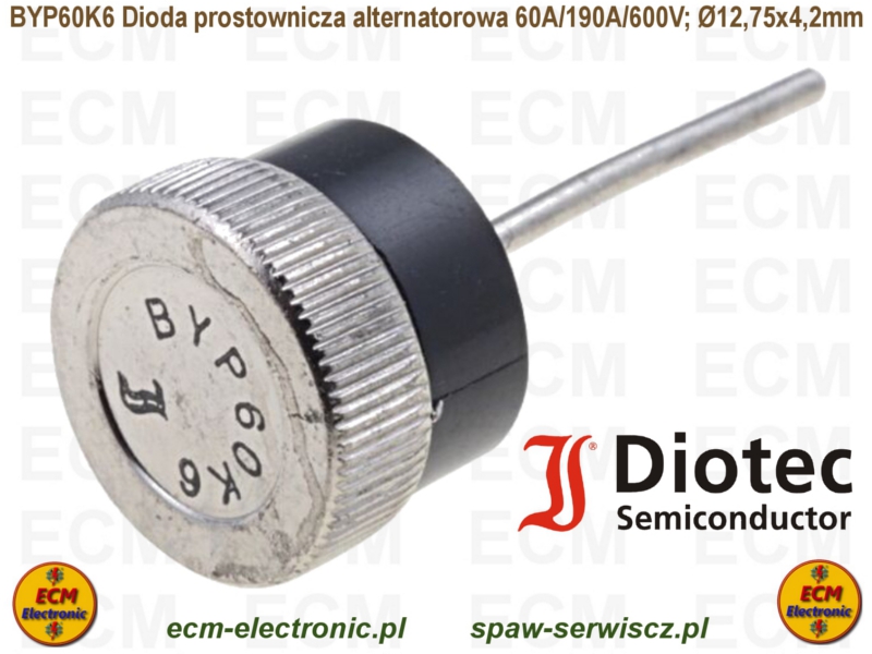 BYP60K6 Dioda prostownicza 60A/190A/600V; Ø12,75x4,2mm