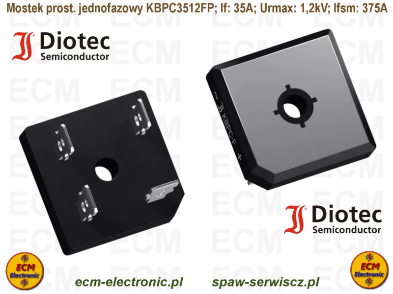 Mostek prostowniczy diodowy KBPC3512FP; 35A/1200V, Ifsm: 375A