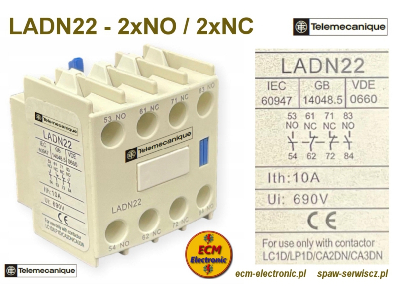 Styki pomocnicze BWS, monta z przodu, typ LADN22 - 2xNO/2xNC