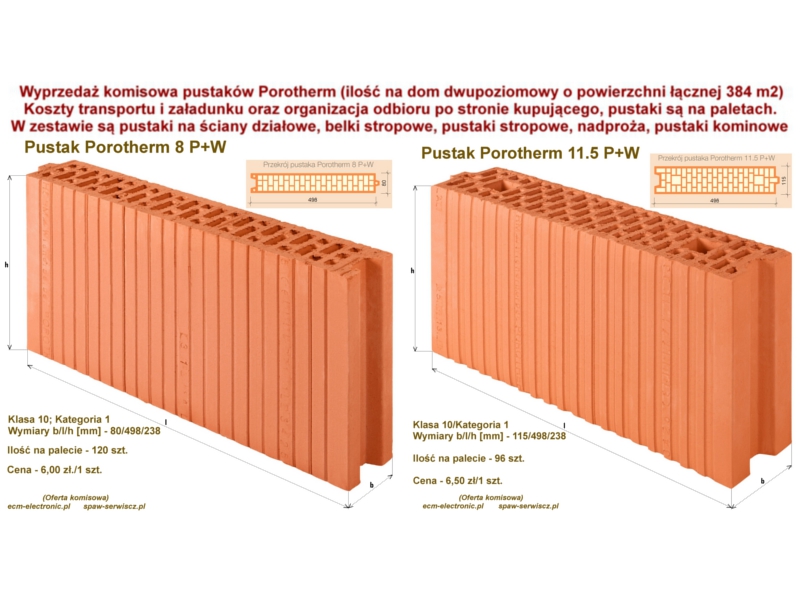 Pustak Porotherm 8 i 11.5 P+W do cianek dziaowych (komis)